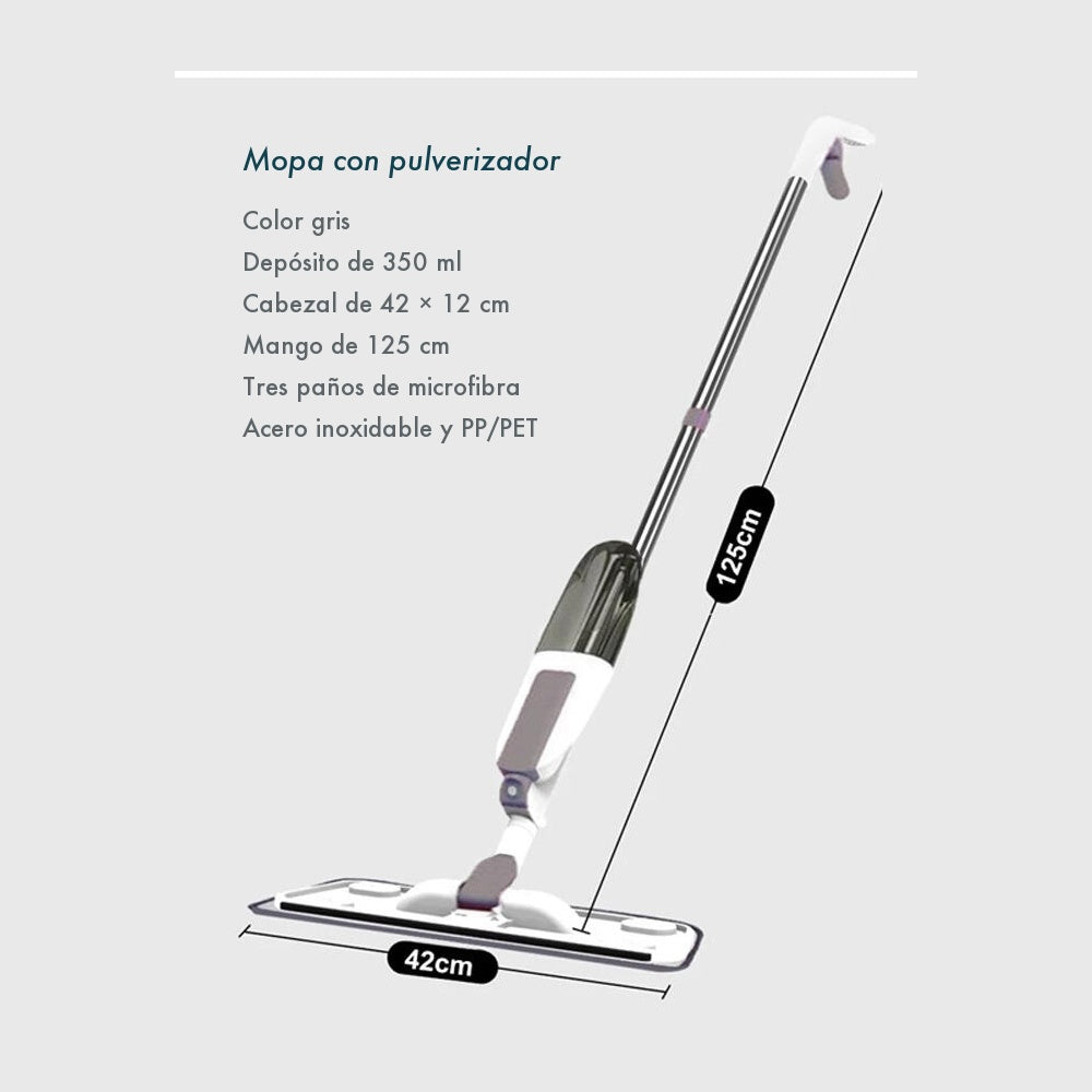 Mopa con pulverizador gris: cabezal de 42 por 12 cm y mango de 125 cm