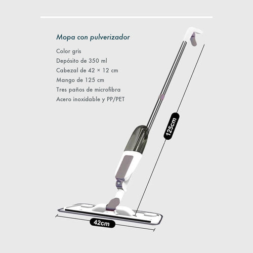 Mopa con pulverizador gris: cabezal de 42 por 12 cm y mango de 125 cm